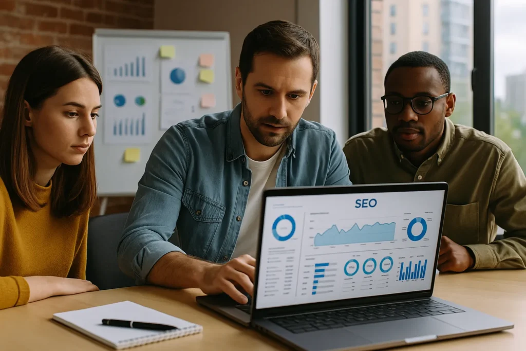 Team reviewing SEO campaign results on laptop