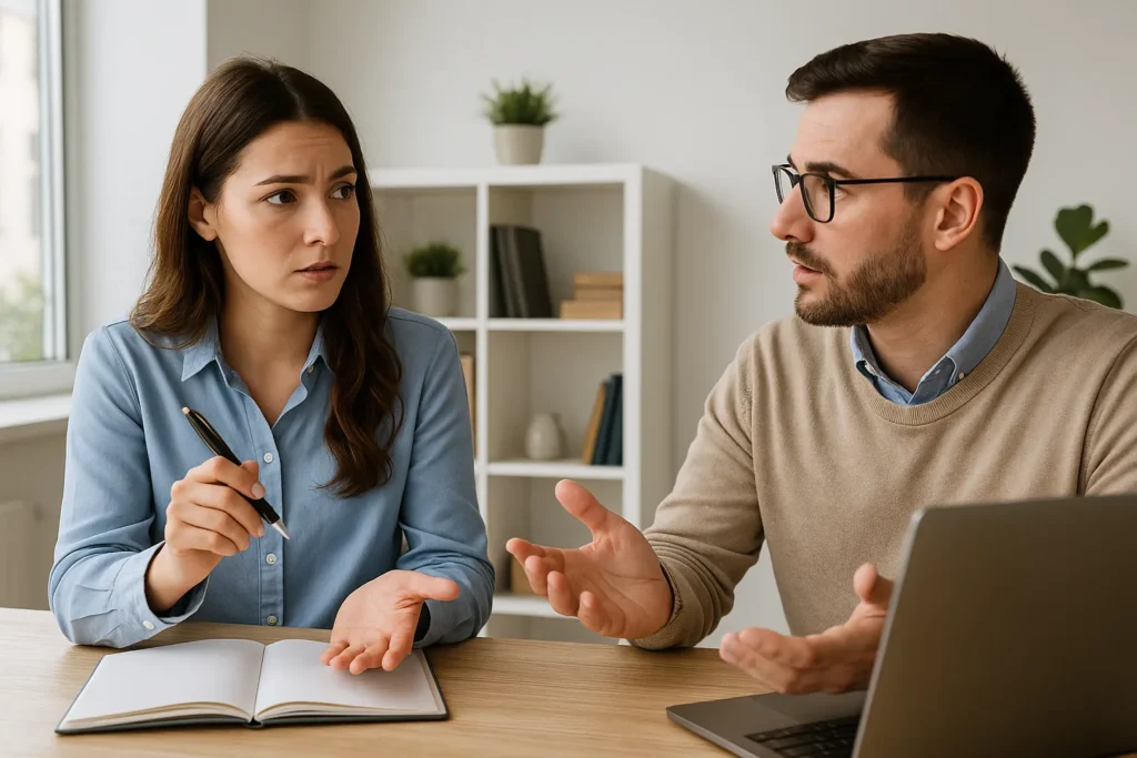 Business owner asking questions during office meeting