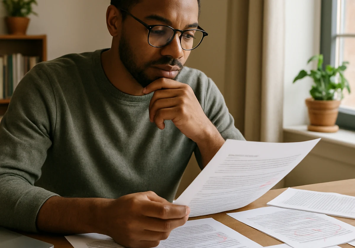 Content creator at a home desk reviewing printed blog posts