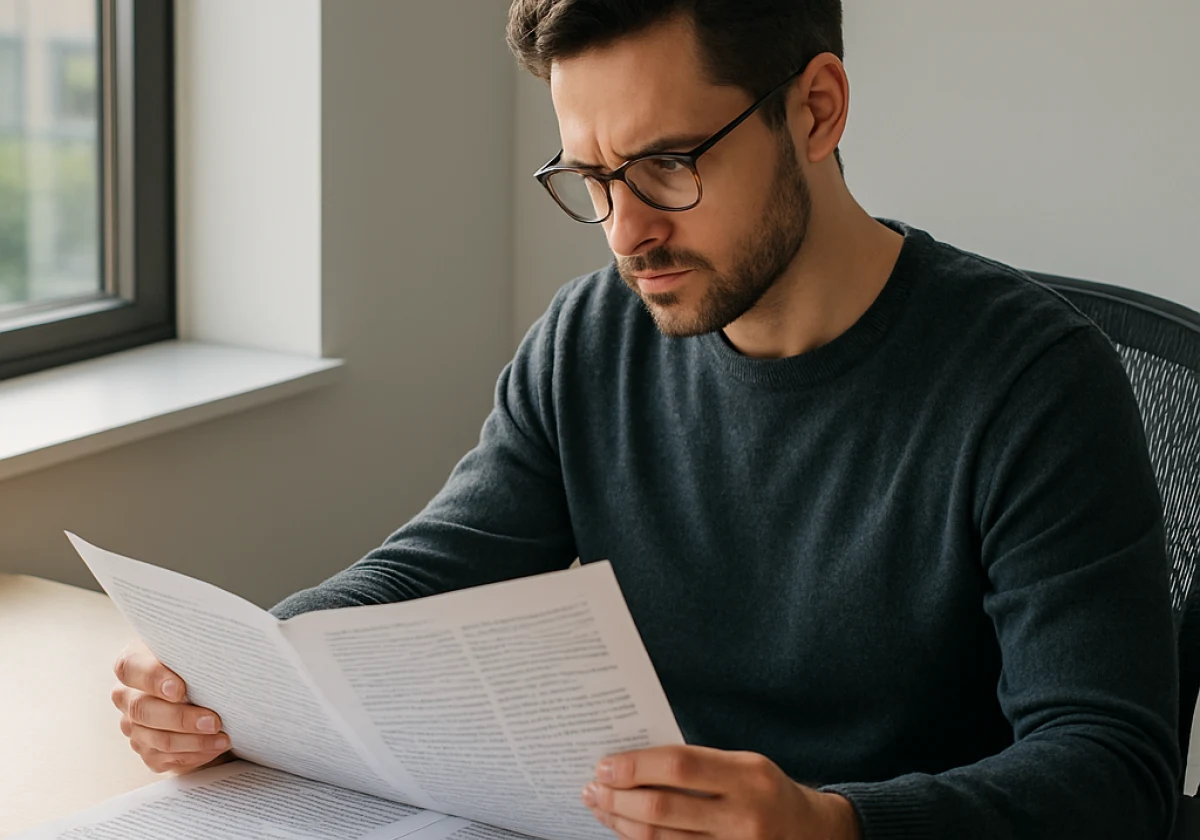 Content professional at a minimalist desk reading an extensive