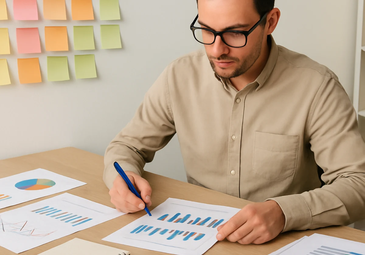 Marketing researcher at a workspace organizing printed keyword