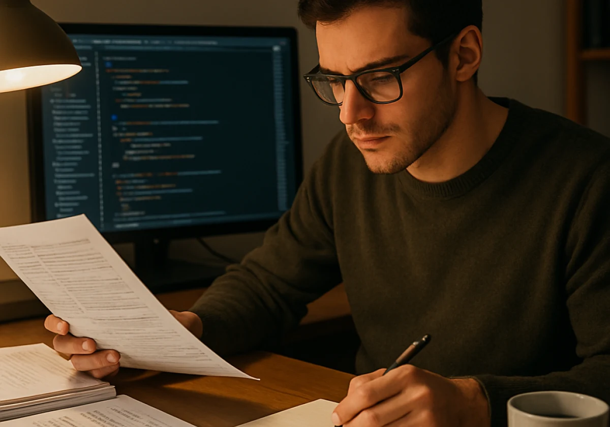Web developer at their desk reviewing stacks of printed change logs