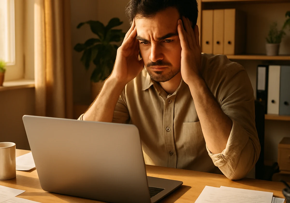 Small business owner sitting at a wooden home office desk