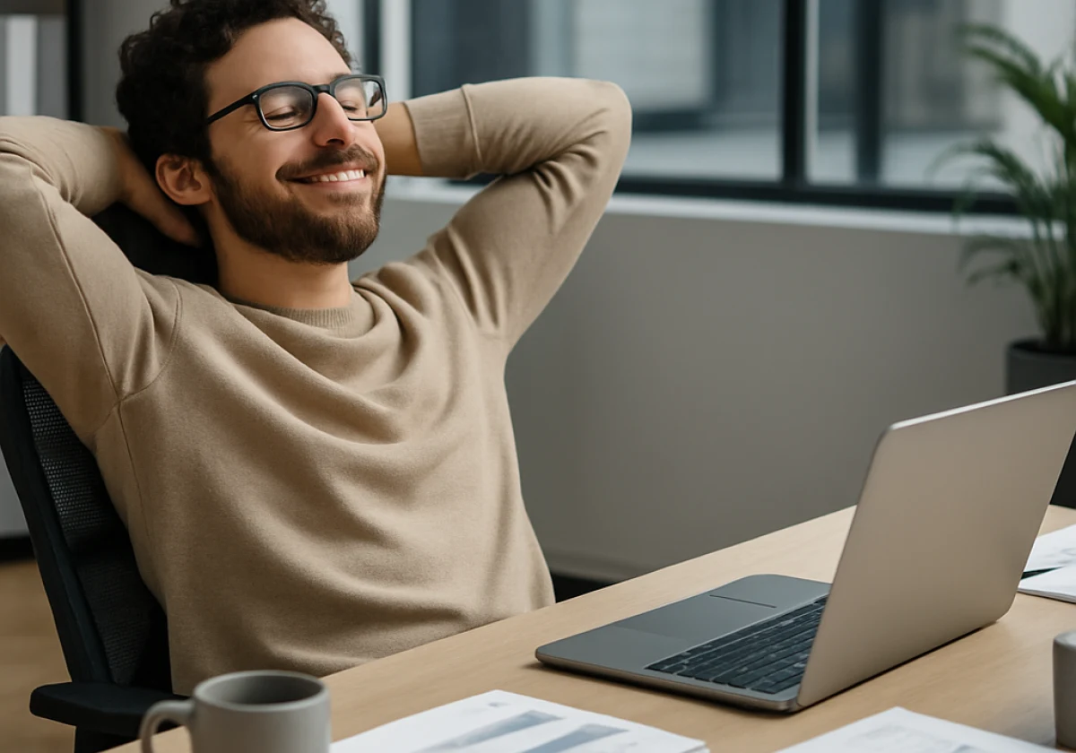 Content strategist leaning back in an ergonomic office chair